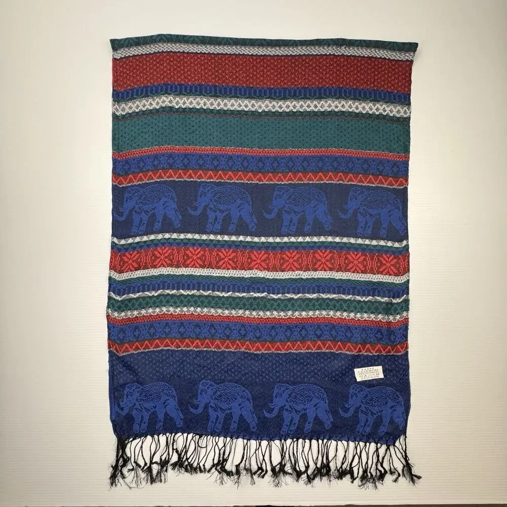Jerusalem 100% Cashmere Elephant Scarf Blue Red Green Boho Fringe Wrap Shawl